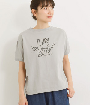 コットン天竺半袖プリントTシャツ〈FUN WALK/RUN〉(グレー-ONESIZE)