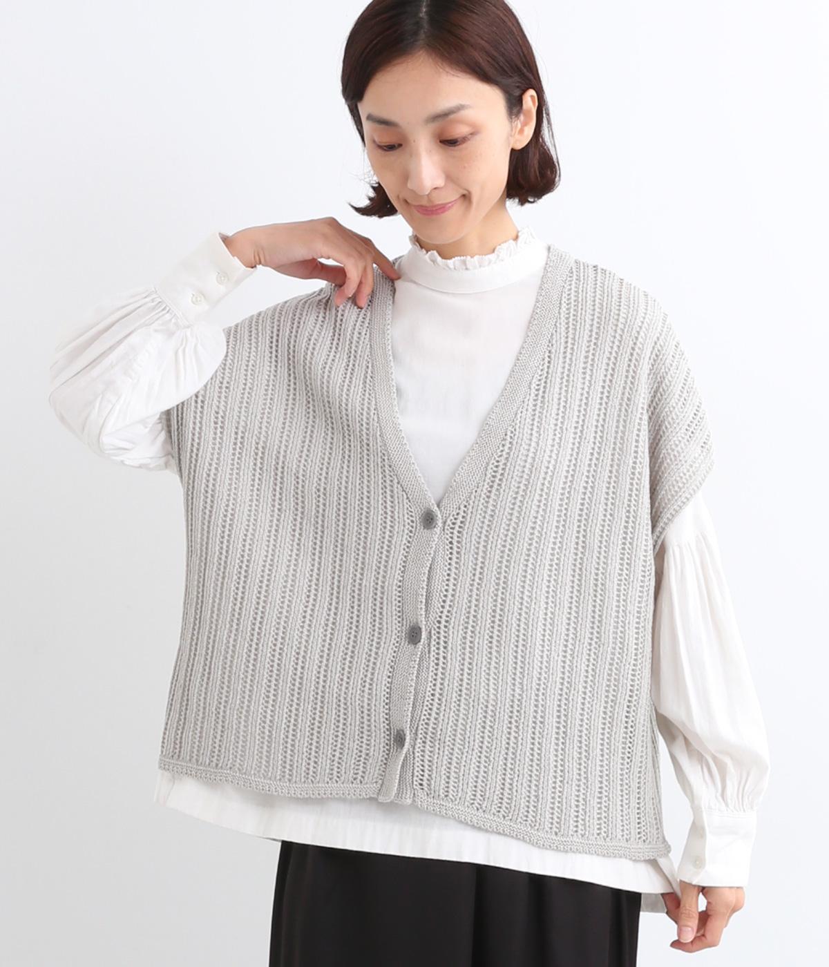 コットン透かし編みVネックカーディガン(グレー-ONESIZE)