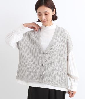コットン透かし編みVネックカーディガン(グレー-ONESIZE)