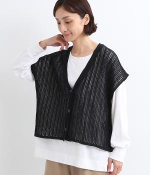 コットン透かし編みVネックカーディガン(ブラック-ONESIZE)