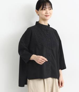 ヘビーコットンレースバイファブリックスタンドカラーシャツ