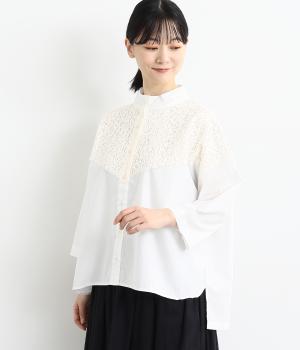 ヘビーコットンレースバイファブリックスタンドカラーシャツ(オフホワイト-F)