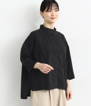ヘビーコットンレースバイファブリックスタンドカラーシャツ(ブラック-F)