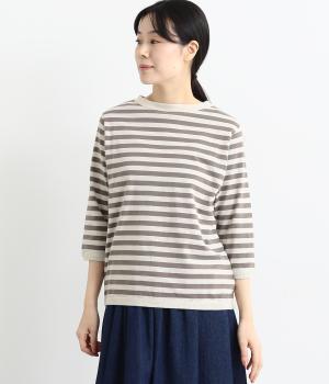 コットンアメリカンドライ天竺ボーダーⅡ七分袖プルオーバー(エクリュ×グレー-F)