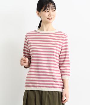 コットンアメリカンドライ天竺ボーダーⅡ七分袖プルオーバー(エクリュ×ピンク-F)