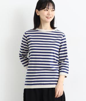 コットンアメリカンドライ天竺ボーダーⅡ七分袖プルオーバー(エクリュ×ネイビー-F)