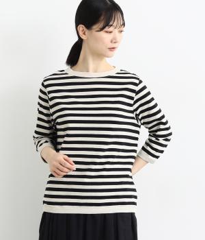 コットンアメリカンドライ天竺ボーダーⅡ七分袖プルオーバー(エクリュ×ブラック-F)