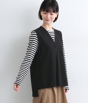 コットンブロード近江晒バックタックVネックベスト(ブラック-F)