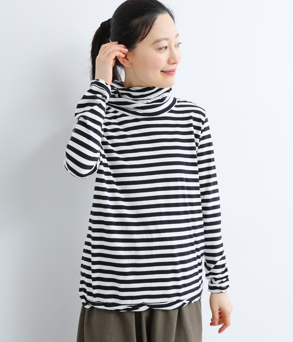 コットンナチュラルソフト天竺ボーダーツイストタートルプルオーバー(オフホワイト×ブラック太-F)