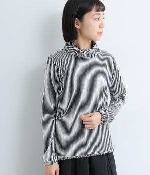 コットンナチュラルソフト天竺ボーダーツイストタートルプルオーバー(オフホワイト×ブラック細-F)