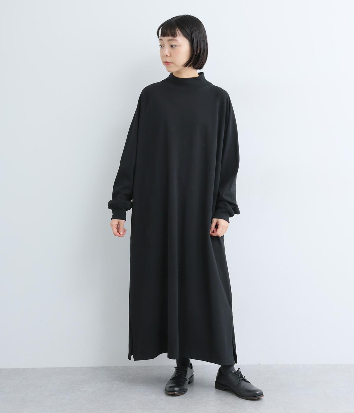コットン天竺サイドスリットラグランワンピース(ブラック-F)