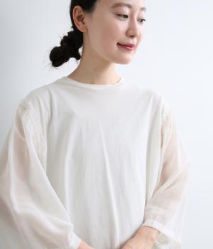【日本製】異素材切替　ボリュームスリーブTシャツ(オフホワイト-F)