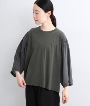 【日本製】異素材切替　ボリュームスリーブTシャツ(チャコール-F)