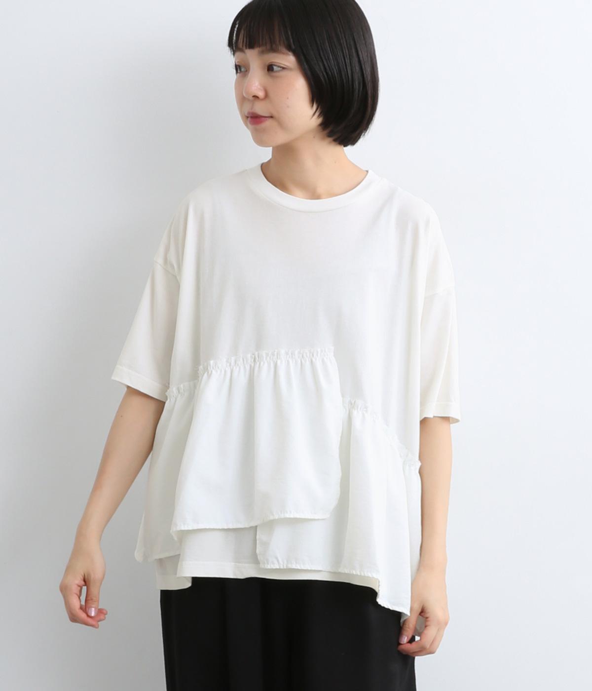 【日本製】異素材切替　フリルTシャツ(オフホワイト-F)