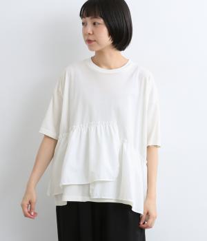 【日本製】異素材切替　フリルTシャツ(オフホワイト-F)