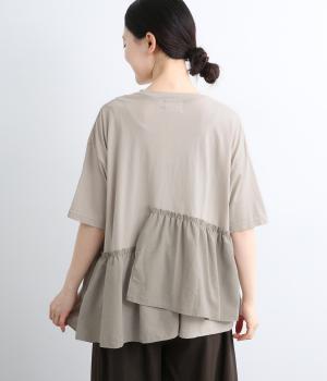 【日本製】異素材切替　フリルTシャツ(グレージュ-F)
