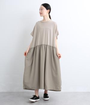 【日本製】異素材切替　ロングワンピース(グレージュ-F)