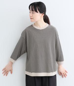アメリカンドライコットン　ヘムラウンドボーダープルオーバー（エクリュ×ブラック・F）