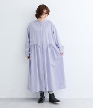 50番手 ブロード/ストライプ ギャザーロングシャツワンピース（ブルー・F）