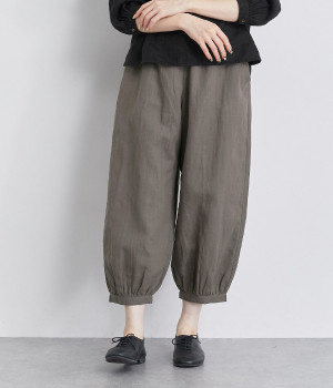 リネン平織ヘムギャザーパンツ(グレイッシュブラウン-ONESIZE)