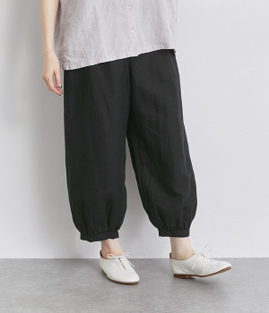 リネン平織ヘムギャザーパンツ(ブラック-ONESIZE)