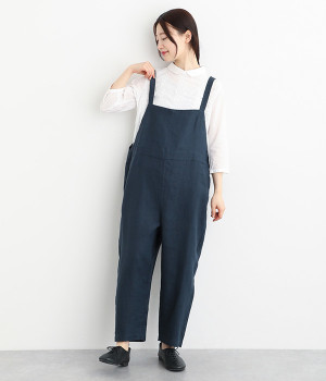 リネン平織オーバーオールパンツ(ダークネイビー-ONESIZE)