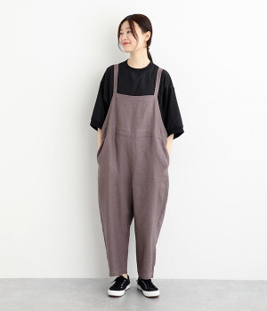 リネン平織オーバーオールパンツ(グレイッシュブラウン-ONESIZE)