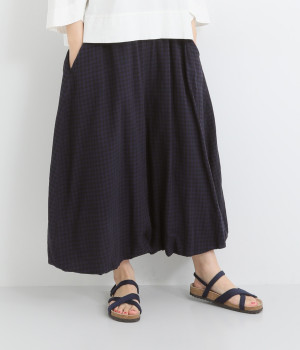 リネンコットンギンガムチェックバルーンパンツ(ダークパープル-ONESIZE)