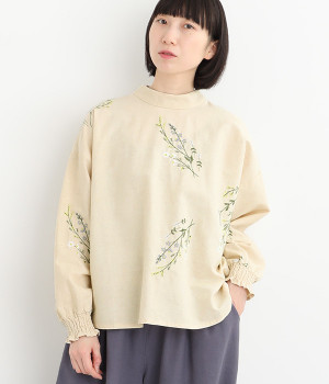リネンコットンブーケ刺繍スタンド襟プルオーバー(イエロー-ONESIZE)