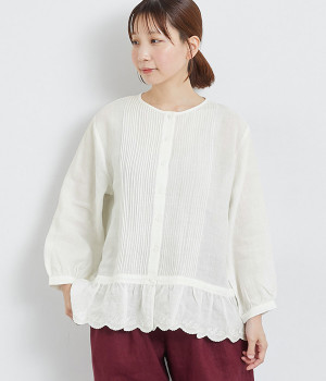 リネンスカラ刺繍ピンタックブラウス(オフ-ONESIZE)