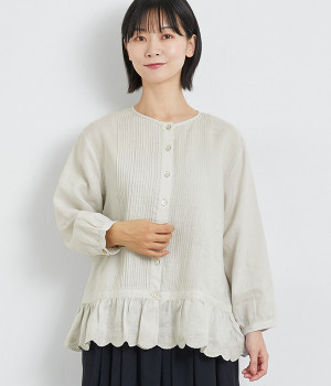 リネンスカラ刺繍ピンタックブラウス(ライトグレー-ONESIZE)