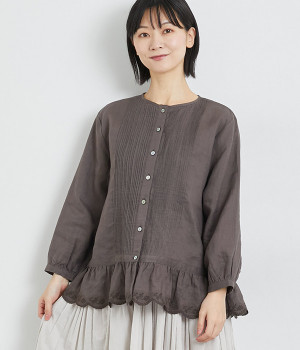 リネンスカラ刺繍ピンタックブラウス(グレイッシュパープル-ONESIZE)