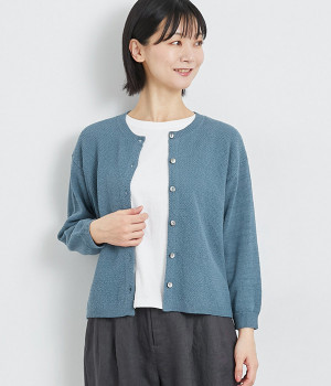 コットンリネンニットカーディガン(ブルー-ONESIZE)