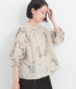 コットンリネン平織線画刺繍ギャザープルオーバー(ナチュラル-ONESIZE)