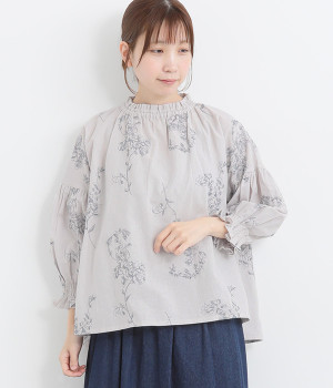 コットンリネン平織線画刺繍ギャザープルオーバー(ライトグレー-ONESIZE)