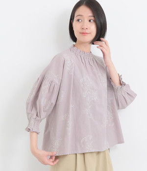 コットンリネン平織線画刺繍ギャザープルオーバー(グレイッシュピンク-ONESIZE)