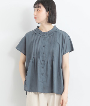 コットンリネンボイルクラシカルブラウス(グレイッシュブルー-ONESIZE)