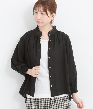 コットンスラブガーゼギャザーブラウス(ブラック-ONESIZE)