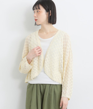 リネンコットン透かし柄ニットボレロカーディガン(アイボリー-ONESIZE)