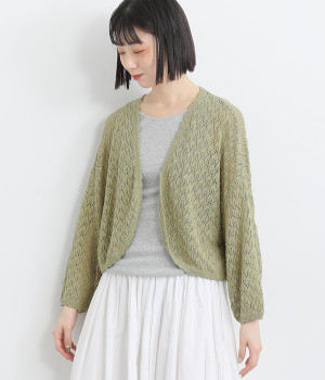 リネンコットン透かし柄ニットボレロカーディガン(スモーキーグリーン-ONESIZE)
