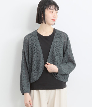 リネンコットン透かし柄ニットボレロカーディガン(ブルーグレー-ONESIZE)
