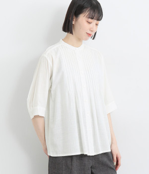 コットンスラブ平織タックブラウス(オフホワイト-ONESIZE)