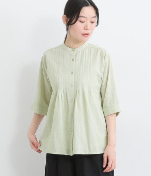 コットンスラブ平織タックブラウス(ライトグリーン-ONESIZE)
