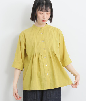 コットンスラブ平織タックブラウス(マスタード-ONESIZE)