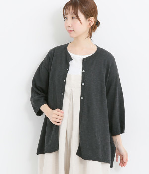 コットンリネンスラブフレアーカーディガン(チャコールグレー-ONESIZE)