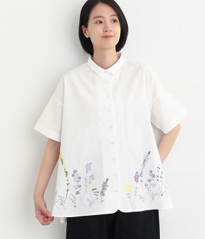 コットンリネン平織パーツ刺繍襟付きチュニックブラウス(オフホワイト-ONESIZE)