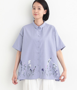 コットンリネン平織パーツ刺繍襟付きチュニックブラウス(ラベンダー-ONESIZE)