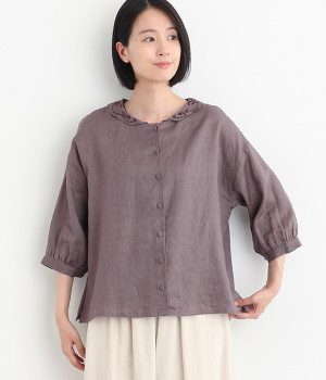 リネン襟刺繍2wayブラウス(グレイッシュブラウン-ONESIZE)