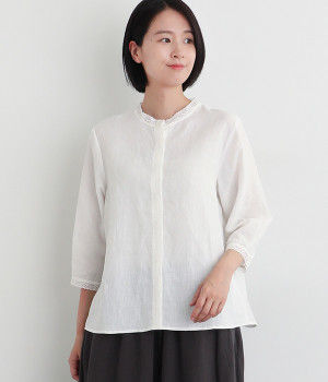 リネン平織レーシーブラウス(オフホワイト-ONESIZE)