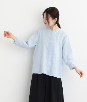 リネン平織レーシーブラウス(サックス-ONESIZE)